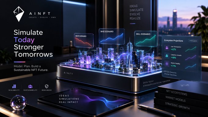 A promotional image for 'AINFT' featuring the tagline 'Simulate Today Stronger Tomorrows', displaying bear, base, and bull scenario projections over a futuristic holographic city model.