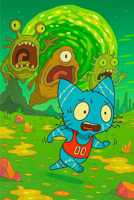A scared blue cat wearing a red "00" jersey runs from three monstrous aliens across a green alien planet. The cartoon artwork visually represents the "hunted by monsters" theme, fitting the giveaway post's playful, urgent tone of chasing a limited-time Web3 partnership opportunity.