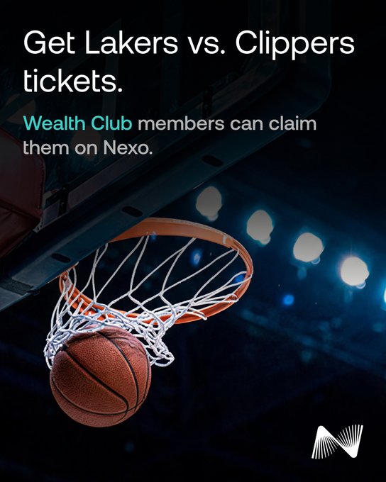 An advertisement reads 'Get Lakers vs. Clippers tickets. Wealth Club members can claim them on Nexo.' over a basketball going through a hoop in a dimly lit arena.