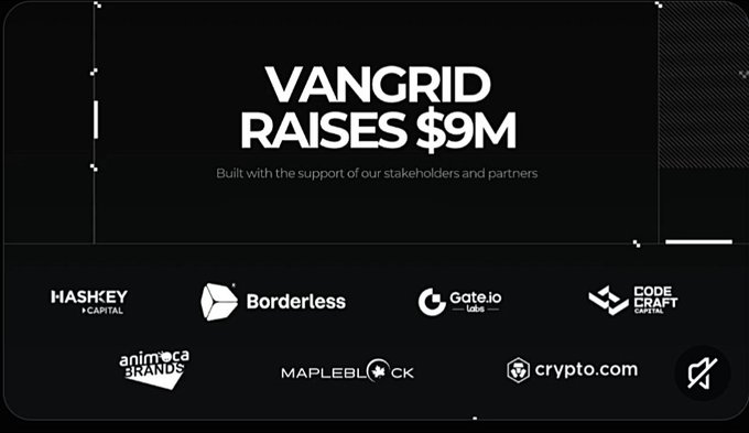A promotional graphic announces 'VANGRID RAISES $9M' with the tagline 'Built with the support of our stakeholders and partners,' displaying logos of investors including HashKey Capital, Borderless, Gate.io Labs, CodeCraft Capital, Animoca Brands, Mapleblock, and Crypto.com.