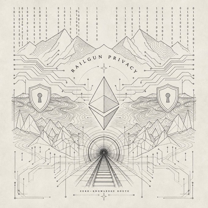 A stylized illustration featuring mountains, circuit board patterns, binary code, two shield icons, an Ethereum diamond logo, and a train track leading into a tunnel with the text "RAILGUN PRIVACY" and "ZERO-KNOWLEDGE ROUTE," visually reinforcing the post's message of Railgun providing boundless privacy for the DeFi ecosystem.