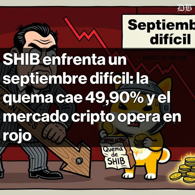 A graphic illustration in Spanish reading 'SHIB enfrenta un septiembre difícil: la quema cae 49,90% y el mercado cripto opera en rojo', showing a worried Shiba Inu character next to a man in a suit holding a downward-pointing arrow with 'Quema de SHIB' written below.