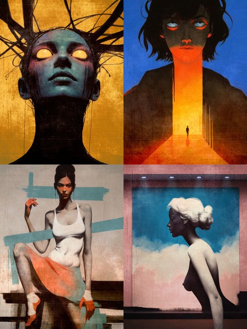 The image features four distinct artworks depicting women with unique styles, colors, and themes. The first artwork shows a woman with blue eyes wearing a white shirt and orange skirt, while the second artwork portrays a woman with brown hair wearing a black dress. The third artwork depicts a woman in an orange dress standing against a pink background, and the fourth artwork features a woman with blonde hair wearing a white tank top. These artworks are part of a larger collection that explores various themes and emotions related to the human experience.