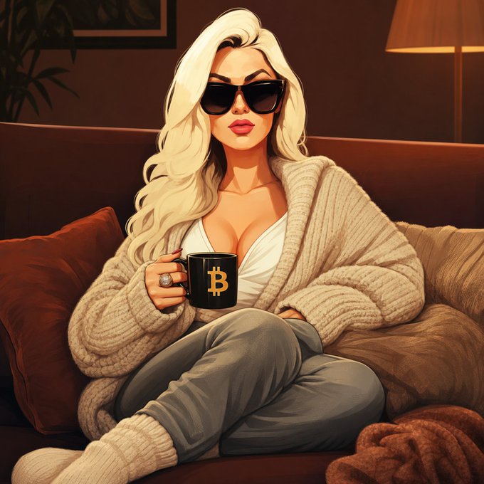 An illustrated digital artwork of a blonde woman in sunglasses and a cardigan holding a mug with a Bitcoin logo.