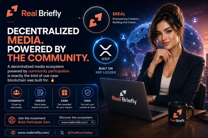 A promotional graphic for "Real Briefly," a decentralized media platform built on the XRP Ledger, features a woman at a laptop alongside the "$REAL" token and $REAL logo, highlighting community-driven features like "Create," "Earn," and "Own." The image visually reinforces the post's message about a decentralized media ecosystem powered by community participation, showcasing the $REAL token's role within the blockchain-based content platform.
