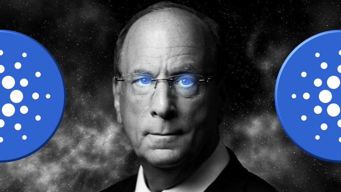 A black-and-white portrait of a man with glowing blue eyes wearing glasses, flanked by two blue Cardano (ADA) cryptocurrency logos against a starry background.