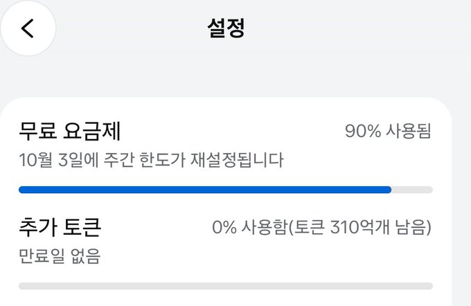 A Korean settings screen showing 90% free storage used ('무료 요금제') with a progress bar indicating charging will be restricted starting October 3rd, and 0% additional data usage with 31GB remaining.