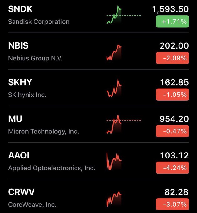 A stock market display showing: SNDK (Sandisk) $1,593.50 +1.71%, NBIS (Nebius) $202.00 -2.09%, SK Hynix $162.85 -1.05%, MU (Micron) $954.20 -0.47%, AAOI (Applied Optoelectronics) $103.12 -4.24%, and CRWV (CoreWeave) $82.28 -3.07%.