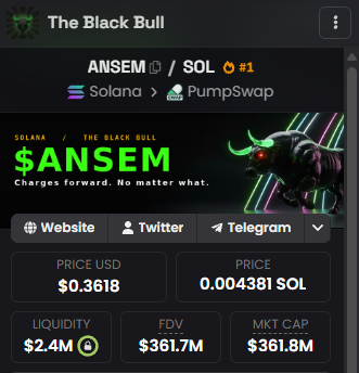 Token profile page for $ANSEM on Solana (traded via Pumpswap) showing a price of $0.3618 USD (0.004381 SOL), $2.4M liquidity, and a market cap of $361.8M.