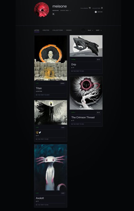 A digital art portfolio page titled 'meisgone' displaying various artworks including 'Titan', 'Drip', 'The Crimson Thread', 'leaf', and 'Axolotl' with an 'X' social media link and 11 followers shown at the top.