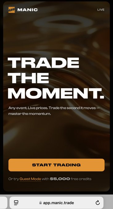 The image is a promotional screenshot for the MANIC trading app, featuring the tagline "TRADE THE MOMENT" with a "START TRADING" button and an offer for $5,000 free credits via Guest Mode at app.manic.trade. It relates to the post by visually reinforcing the idea of timing and momentum in trading, supporting the message that consistent, early positioning matters more than chasing big PnL outcomes.