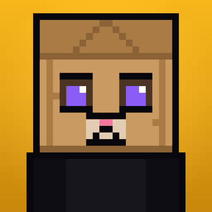 A pixel art illustration of a character resembling Steve from Minecraft, depicted as a tan/brown-skinned figure with purple eyes and a neutral expression.