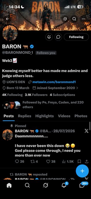 A Twitter/X profile for 'BARON' (@BARONMOND1), verified and linked to 'LION'S DEN', shows the user with 4K Following, 3.1K Followers, and 4 Subscriptions, along with a pinned post asking God for help during a difficult time.