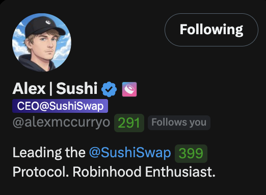A Twitter/X profile for 'Alex | Sushi' (@alexmccurryo), identified as CEO@SushiSwap, with the bio 'Leading the @SushiSwap Protocol. Robinhood Enthusiast.'