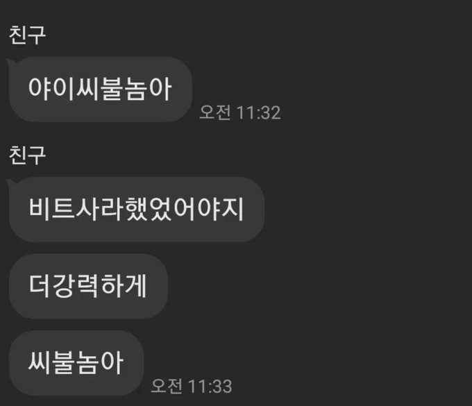 Korean text chat screenshot with messages from '친구' reading '야이씨놈아', '비트사라했었어야지', '더강력하게', '씨불놈아' with timestamps from 11:32-11:33.