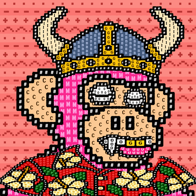 A pixelated cross-stitch style portrait of a character with a horned helmet, pink hair, and a beard against a red patterned background.