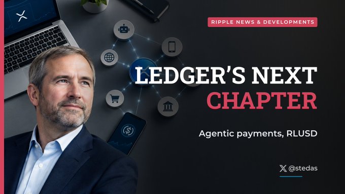 **Prompt:** A header graphic for 'RIPPLE NEWS & DEVELOPMENTS' titled 'LEDGER'S NEXT CHAPTER' focusing on agentic payments and RLUSD, featuring a portrait of Brad Garlinghouse and the handle @stedas.