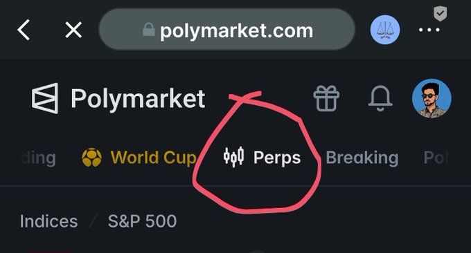 A screenshot of the Polymarket website showing the navigation menu with a red hand-drawn circle highlighting the 'Perps' option next to World Cup and Breaking categories.