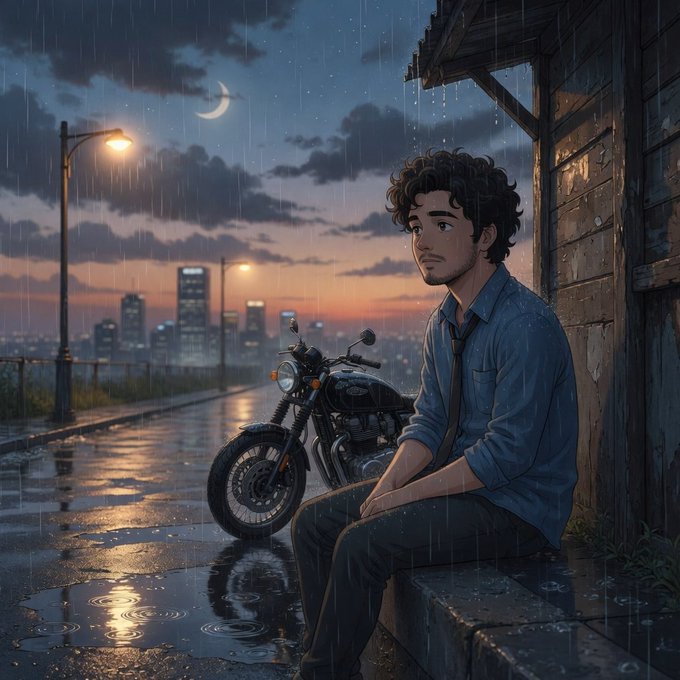 The image features a man sitting on a stone bench, wearing a blue shirt and tie, with his head tilted back as he looks up at the sky. The scene takes place during a rainy night, with puddles of water visible around him. In the background, there is a motorcycle parked next to a building, which adds an interesting contrast between man-made objects and nature's elements. The image also includes text that reads "Crypto'S biggest unsolved problem isn't technology. It'S usability. You're holding real value onchain but spending it in real life still feels impossible". This message seems to be related to the post, as the man sitting on the bench represents a connection between the digital and physical worlds.