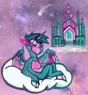 An anime-style drawing of a teal and pink horned, winged character reclining on a white cloud against a purple cosmic background, with a floating teal and pink crystal castle and a shooting star nearby.