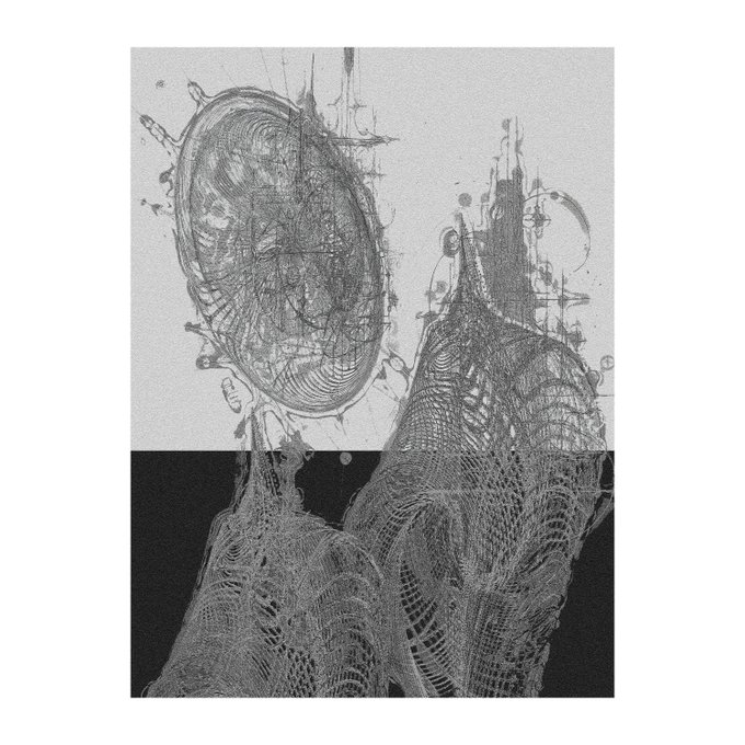 A monochromatic digital artwork featuring an intricate wireframe sculpture of an oval shape with delicate, web-like mesh structures cascading downward, presented against a split light and dark background.

The image serves as promotional artwork for "REACH," part of the Digital Expressionism collection launching live on @Ninfa_io on 30.07.2026, with its abstract, ethereal mesh forms embodying the technological and expressive intersection characteristic of the series.