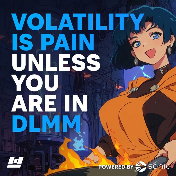 An anime-style illustration of a blue-haired woman cooking with flames, overlaid with bold text reading 'VOLATILITY IS PAIN UNLESS YOU ARE IN DLMM' and 'POWERED BY SONIC' at the bottom.