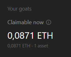 A screenshot showing "Your goats" with a claimable balance of 0.0871 ETH (1 asset), confirming the user's earnings after activating Goats, which aligns with the post celebrating a $216 return in 13 hours from Cashmere Labs' "Goat Street" platform.