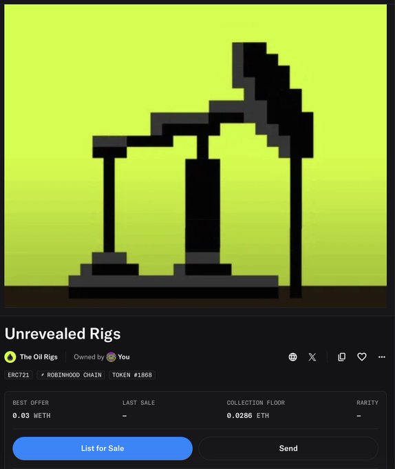 An NFT listing page for 'The Oil Rigs' from the Robinhood Chain, showing a pixelated black oil rig image with a best offer of 0.03 WETH and a collection floor of 0.0286 ETH.