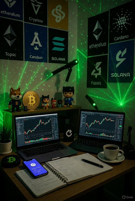 A cryptocurrency trading desk setup featuring dual monitors displaying charts, a Bitcoin figurine, and walls decorated with logos for Ethereum, Cardano, Solana, and others, illuminated by green laser lights.