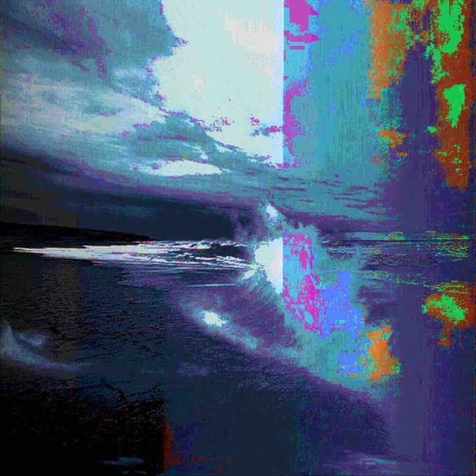 An abstract, heavily glitched digital artwork featuring purple, blue, and green colors with what appears to be a landscape and a central eye-like shape.