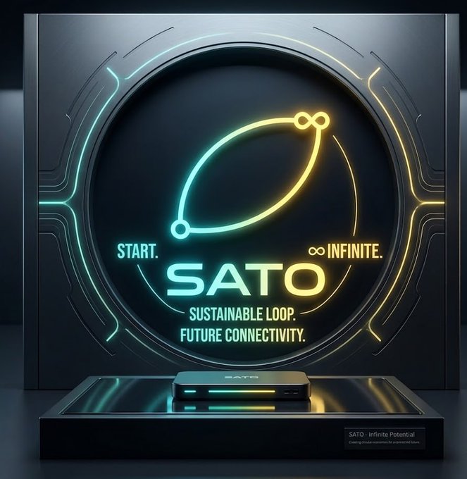 The image features a neon sign that says "SATO" above an electronic device. The lighted sign has the words "start. sustainable loop future connectivity." below it, along with three circles representing infinity within the same text as the main title. This design conveys a futuristic and innovative concept to the viewer. In the backdrop of this scene, there is also some text that reads GM $SATO $.