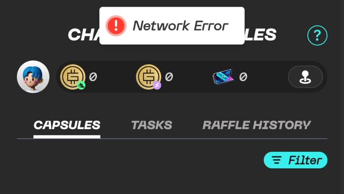 A 'Network Error' pop-up alert appearing on what appears to be a StepN game capsules/raffle interface with zero balances shown for two currencies and a mystery box icon.