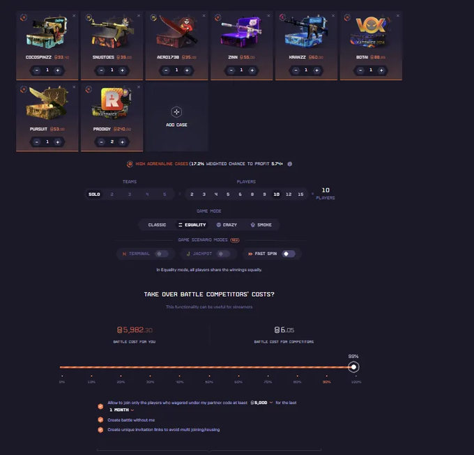 A game interface, likely for a Roblox case-opening game, displays various loot crates including 'CICDSPRAY', 'SHOUTIES', 'AENC17XR', 'ZINN', 'HAMMUZ', 'VOX', 'PURSUIT', and 'PROOST', along with game settings for 'EQUILITY' mode and 10 players.