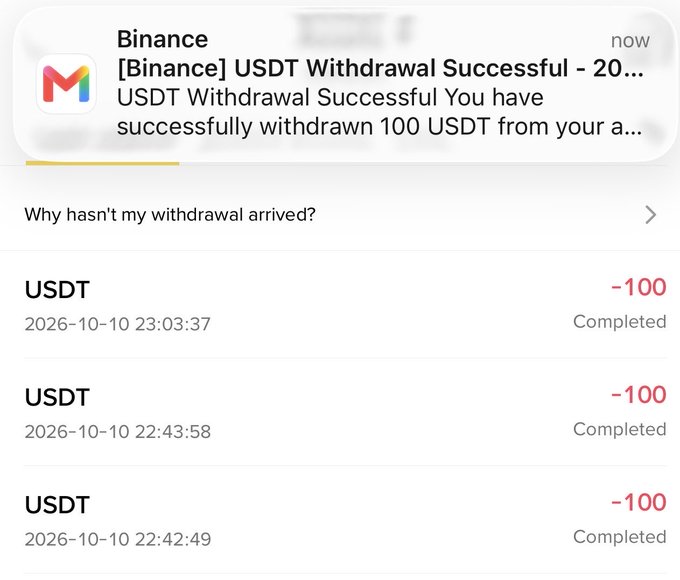 The image shows a Binance email notification and transaction history confirming three completed USDT withdrawals of 100 each (totaling −300 USDT) on October 10, 2026, sent to support the social media post's claim of gifting money to followers.