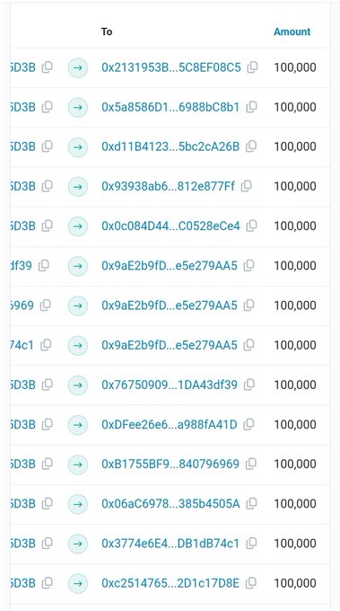 A cryptocurrency transaction list showing multiple transfers of 100,000 tokens to various wallet addresses with shortened hex IDs.