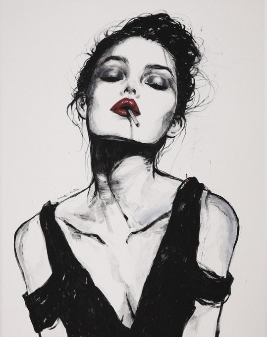 A black and white sketch-style portrait of a woman with dark hair styled up, wearing red lipstick, with a cigarette in her mouth and a black top.
