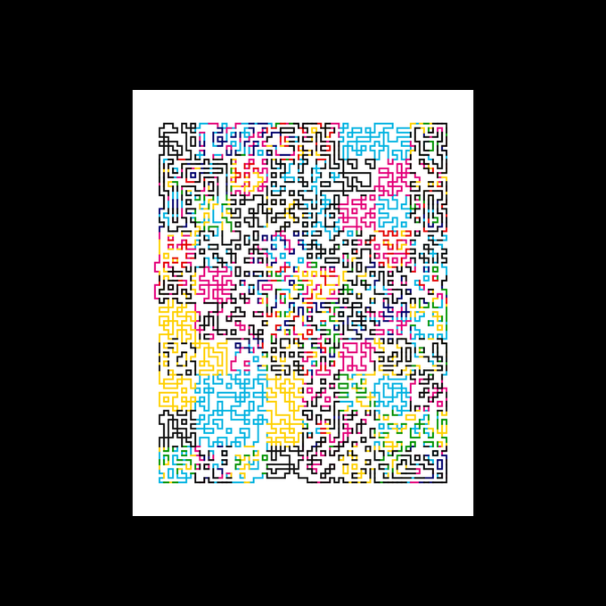An abstract colorful maze-like pattern composed of multicolored connected lines on a white square.
