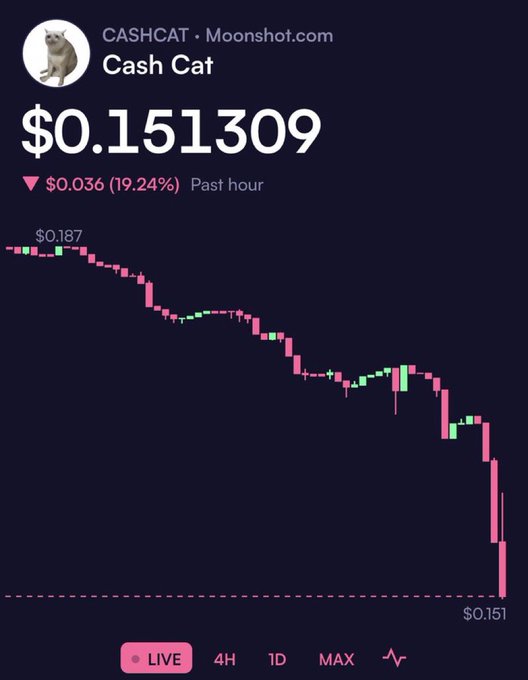 A cryptocurrency price chart for Cash Cat (CASHCAT) on Moonshot.com showing a price of $0.151309 with a 19.24% decline ($0.036) in the past hour, with the price dropping from $0.187 to $0.151.