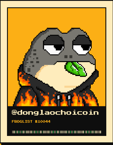 A pixel art NFT card featuring a gray frog with half-lidded eyes holding a green ring in its mouth, wearing a black hoodie, set against an orange background with flames rising at the bottom. The card displays "@donglaochoicoin," "FROGLIST #10044," and a barcode at the bottom. The image relates to the post by showcasing a newly minted frog from the ZEC Frogs collection, where the user is announcing their frog (number #10044) has been added to the @zecfrogs list on the ZEC blockchain.