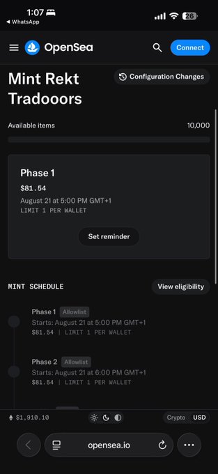 This image is a screenshot of an OpenSea NFT mint page for "Mint Rekt Tradoooors," showing 10,000 available items priced at $81.54 with minting scheduled in two phases (Phase 1 and Phase 2) starting August 21 at 5:00 PM GMT+1, limited to 1 per wallet. The caption relates to the post about whether anyone will still mint out this "ColeThereum Pt2" NFT collection, highlighting the limited per-wallet mint and high price point that may deter full mint-out.