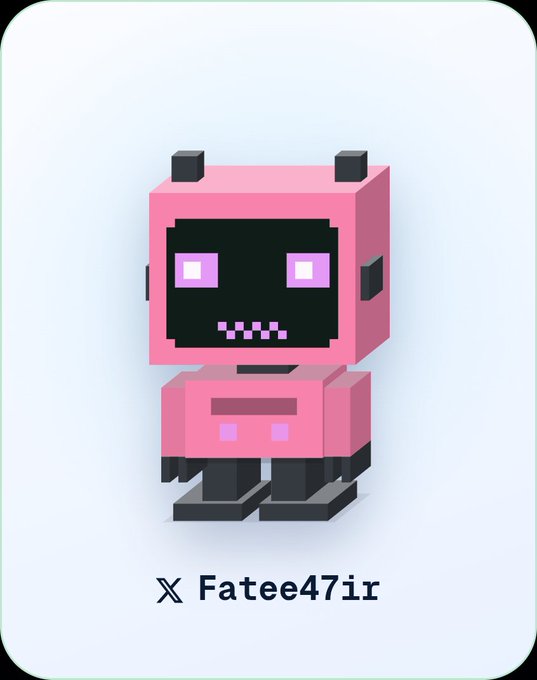 A minimalist profile card shows a pink pixel-art robot above the X handle “Fatee47ir.”