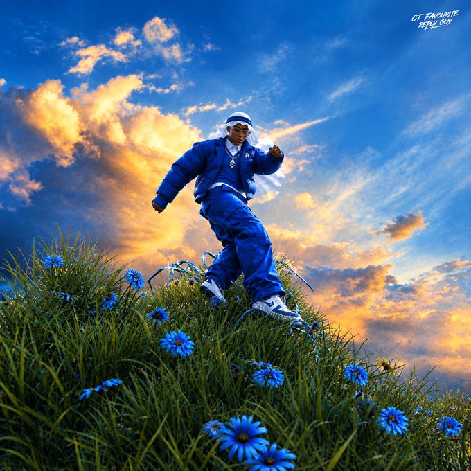 A person dressed in a blue tracksuit and white head wrap stands on a grassy hill dotted with blue flowers against a vibrant sunset sky, with text reading 'CT FAVOURITE REPLY GUY' in the upper right corner.