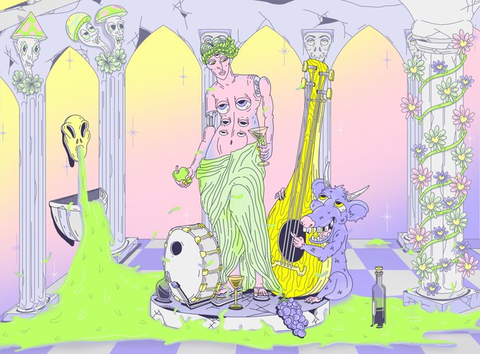 A colorful, surreal illustration depicting a multi-eyed figure holding a green liquid, accompanied by a blue creature playing a harp, set in a classical architectural space with green slime.