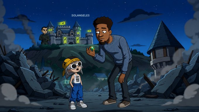A cartoon man in a blue sweater holds out a glowing green gem toward a small child wearing a yellow hat and a "100K SHORT" shirt, with a castle labeled "SOLANGELES" and a figure labeled "BLK" in the background, depicting the $100K public bet mentioned in the post.