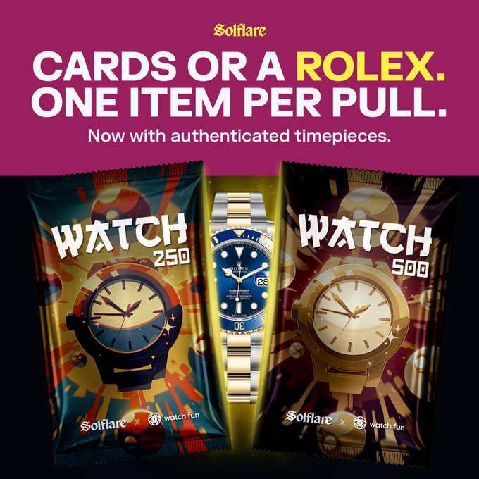 The promotional image features the Solflare x Watch.fun collaboration with the tagline "CARDS OR A ROLEX. ONE ITEM PER PULL." showcasing two mystery pack options: WATCH 250 at $250/pull and WATCH 500 at $500/pull, with a Rolex Submariner displayed between the colorful pack designs. The packs are illustrated with collectible cards and watches, emphasizing that each pull guarantees either PSA-graded cards or authenticated timepieces.