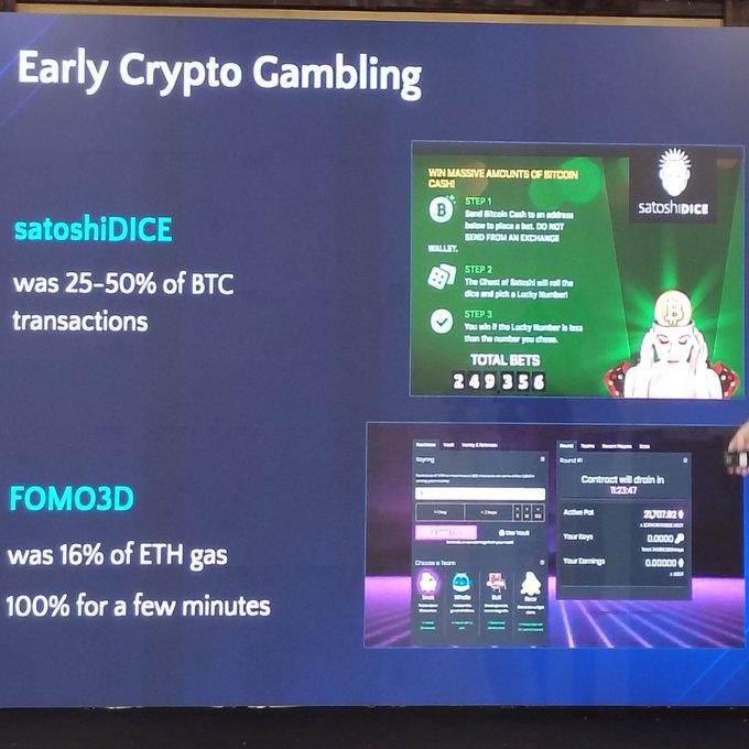 A presentation slide titled 'Early Crypto Gambling' discussing satoshiDICE (25-50% of BTC transactions) and FOMO3D (16% of ETH gas), accompanied by screenshots of both gambling platforms.