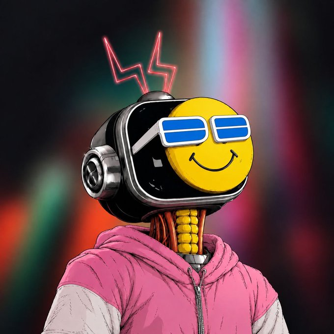 A digital illustration of a stylized, robotic character with a black helmet-like head wearing blue sunglasses and a yellow smiley face, featuring red lightning bolts on top and wearing a pink and white jacket against a colorful blurred background.