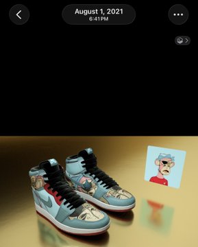 An iOS photo viewer showing a pair of light blue Nike Air Jordan 1 sneakers with anime character artwork, dated August 1, 2021, with a small avatar image visible.