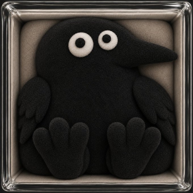 A plush black crow-like figure with large white eyes sits inside a sleek metallic display case, symbolizing Ethereum's experimental spirit. The image ties into the caption by playfully representing the "copycat" narrative—Ethereum as the original crow whose innovations get mimicked by other chains.