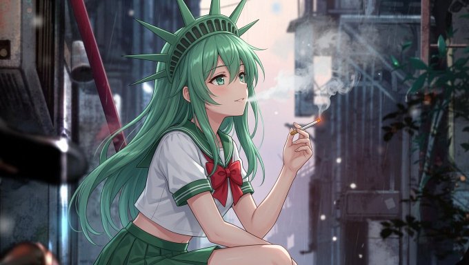 An anime girl with long green hair styled to resemble the Statue of Liberty's crown smokes a cigarette in an urban alleyway. The image thematically ties to Elon Musk's self-branding as a "free speech" figure and his growing cryptocurrency influence, with the Liberty-inspired character symbolizing a rallying figure rallying her "trenches" community.